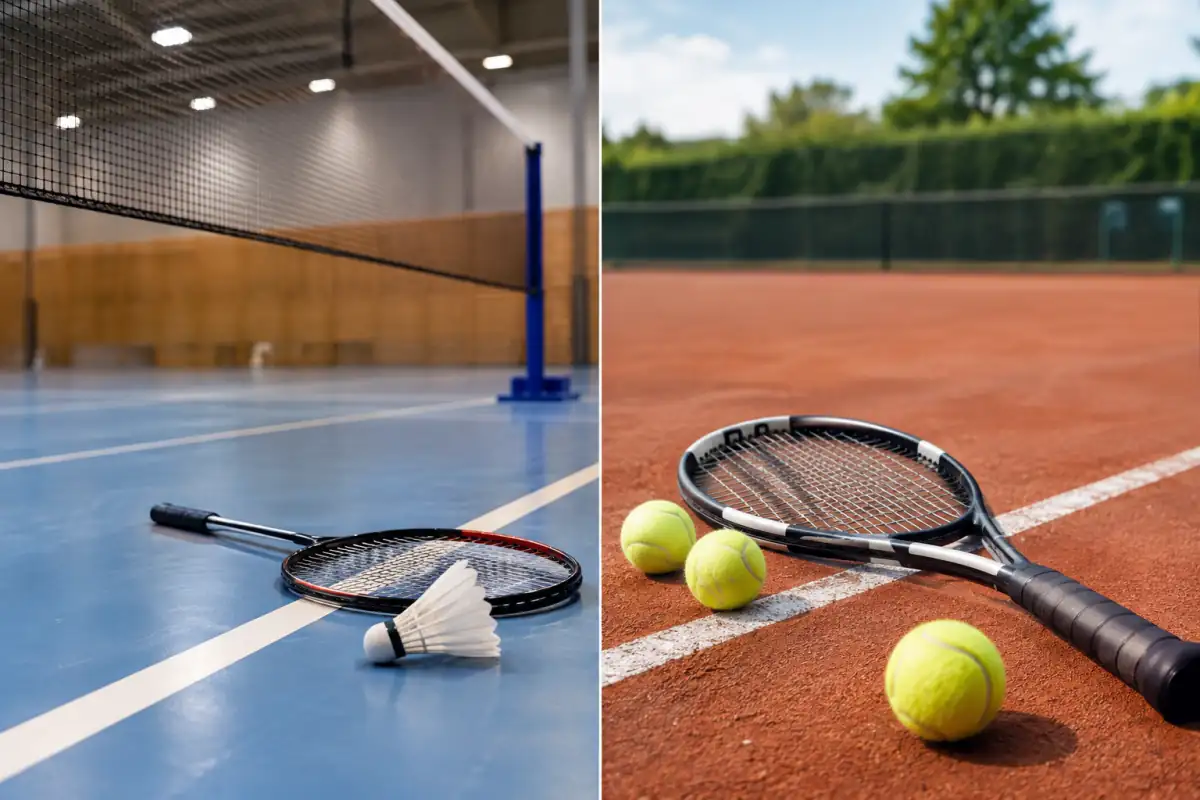 Raquette et volant de badminton en salle, présentés à côté d’une raquette et de balles de tennis sur un court.