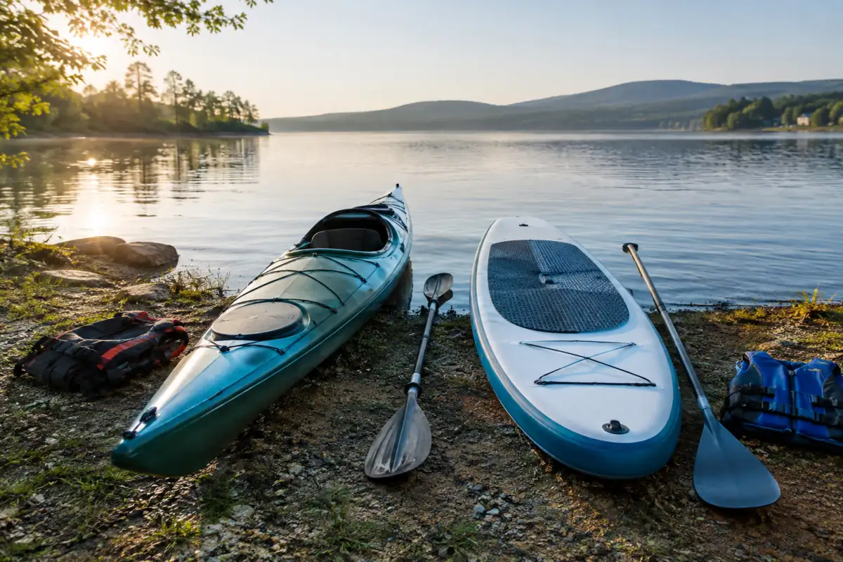 Un kayak et une planche de stand up paddle avec leurs pagaies sont posés côte à côte au bord d’un lac calme.
