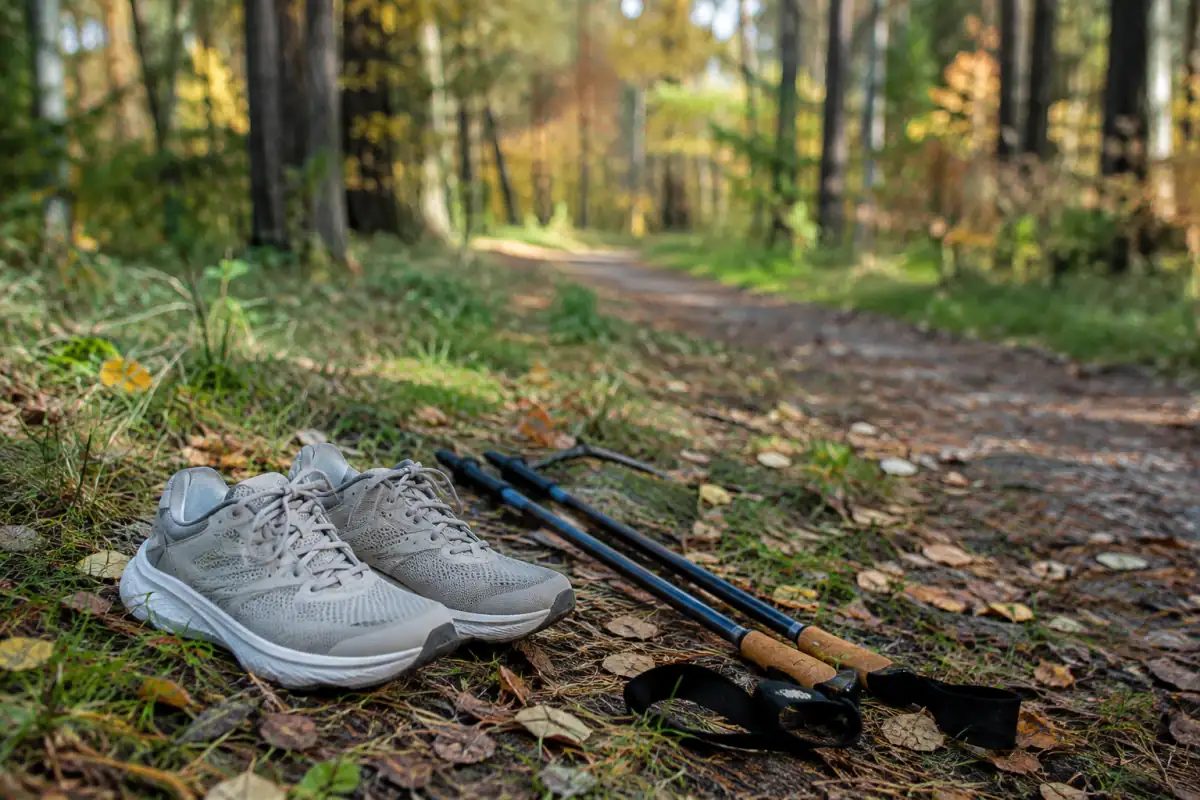 Chaussures de course et bâtons de marche nordique posés côte à côte sur un sentier forestier, en lumière naturelle.