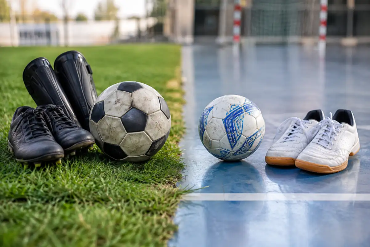 Ballon de football et ballon de futsal avec leurs chaussures respectives, entre pelouse et sol de salle.