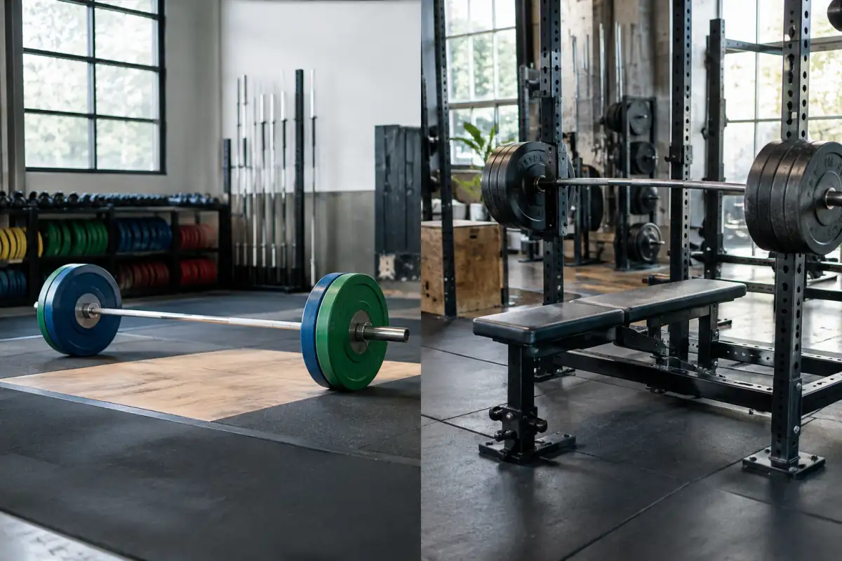 Plateforme d’haltérophilie et barre, rack à squat et banc de force athlétique réunis dans une salle.