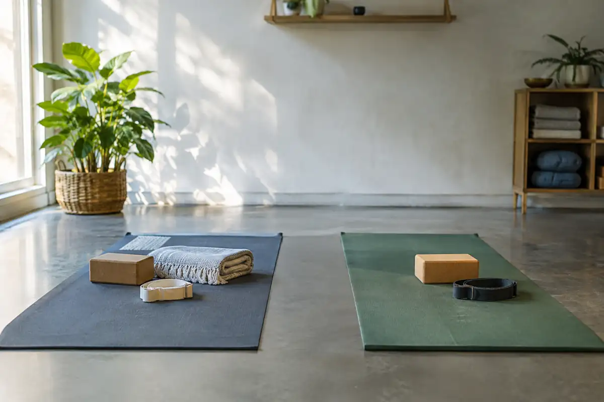Deux tapis de yoga côte à côte, avec briques, sangle et couverture, évoquent les pratiques Hatha et Vinyasa.