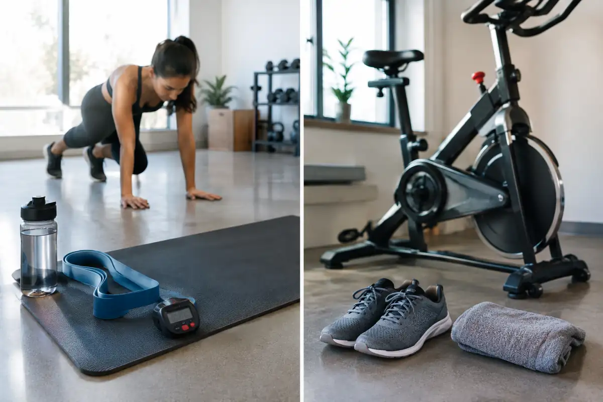 Diptyque d’équipements de HIIT et de cardio-training : tapis, élastique, minuteur, chaussures et vélo d’appartement.