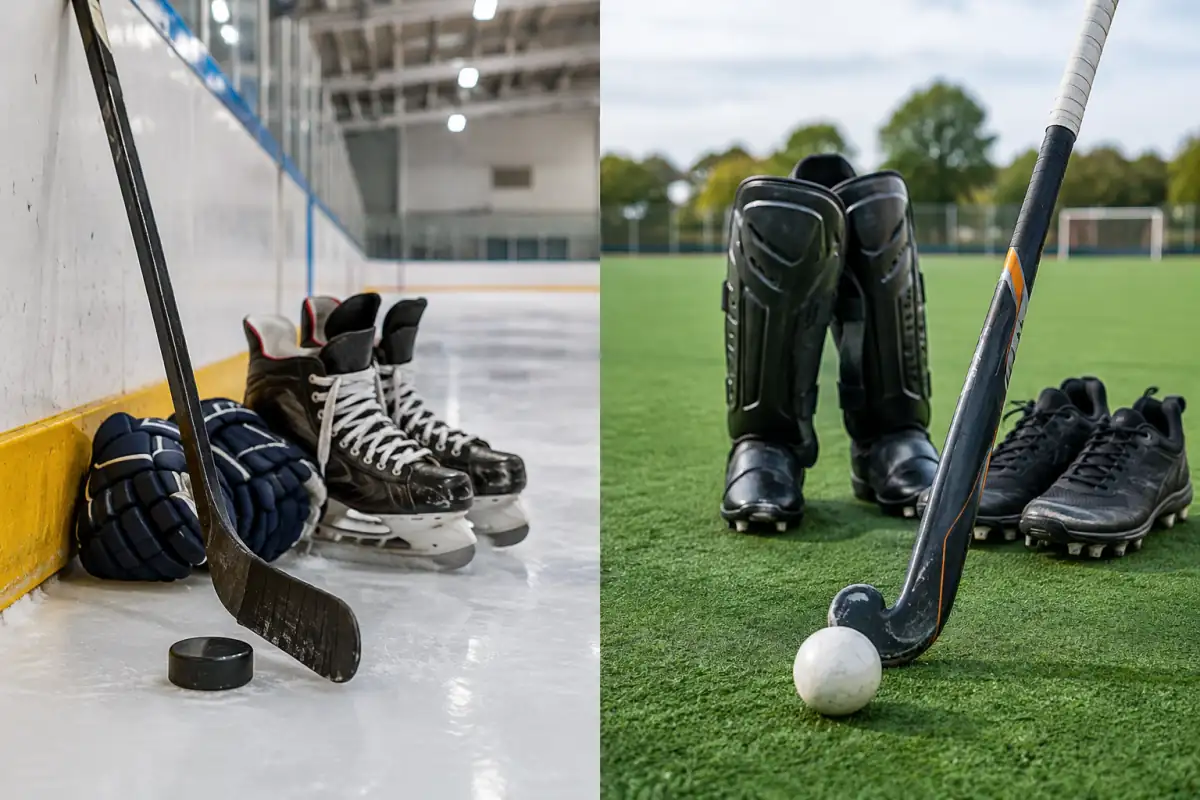 Patins, palet et protections de hockey sur glace présentés face à une crosse, une balle et des chaussures de hockey sur gazon.