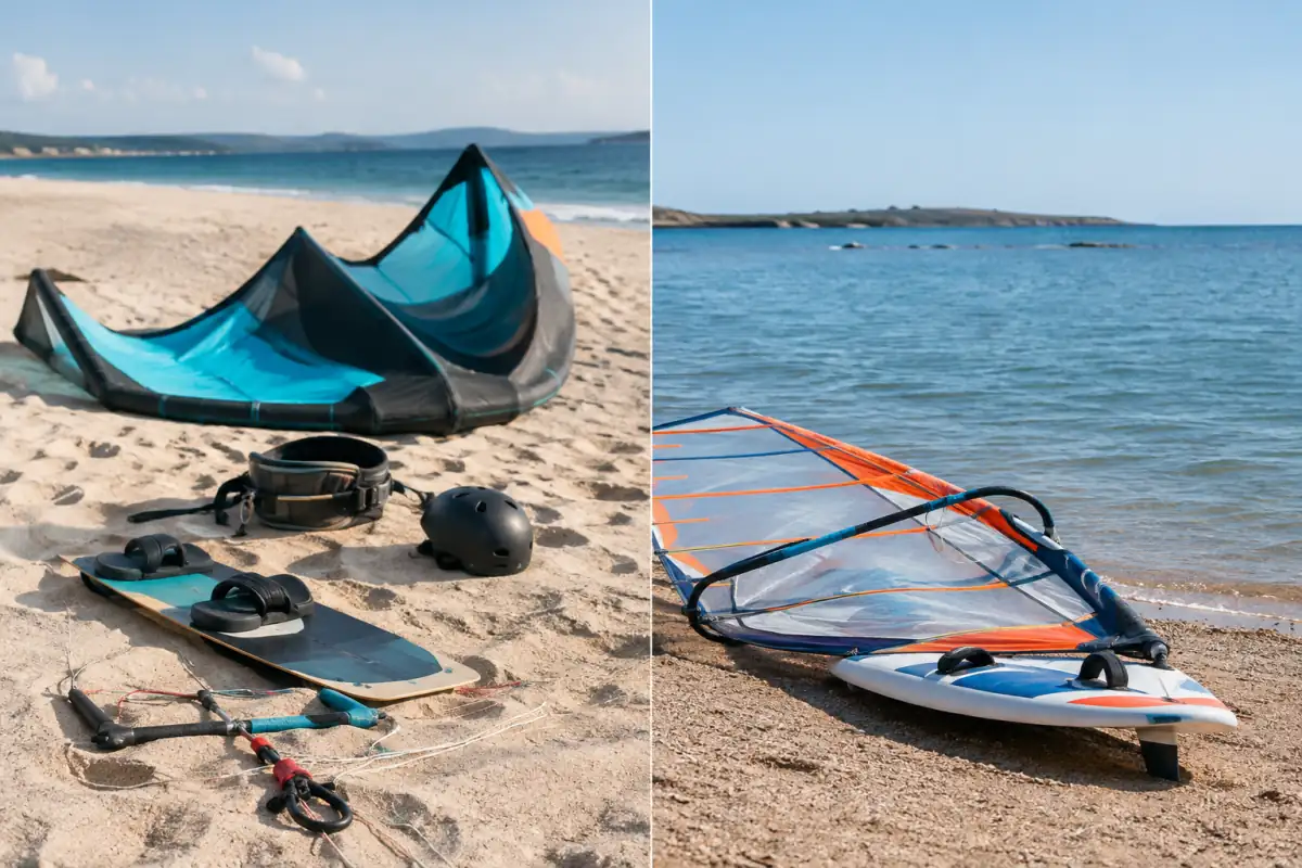 Équipement de kitesurf et planche à voile côte à côte sur une plage, avec aile, barre, planche et gréement.