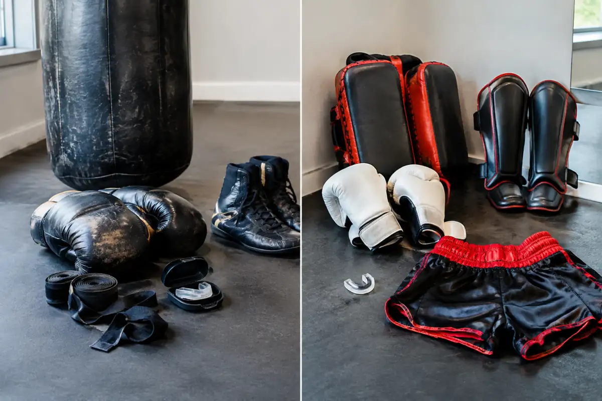 Gants, bandes et chaussures de boxe anglaise posés à côté de protège-tibias et de matériel de muay-thaï dans une salle.