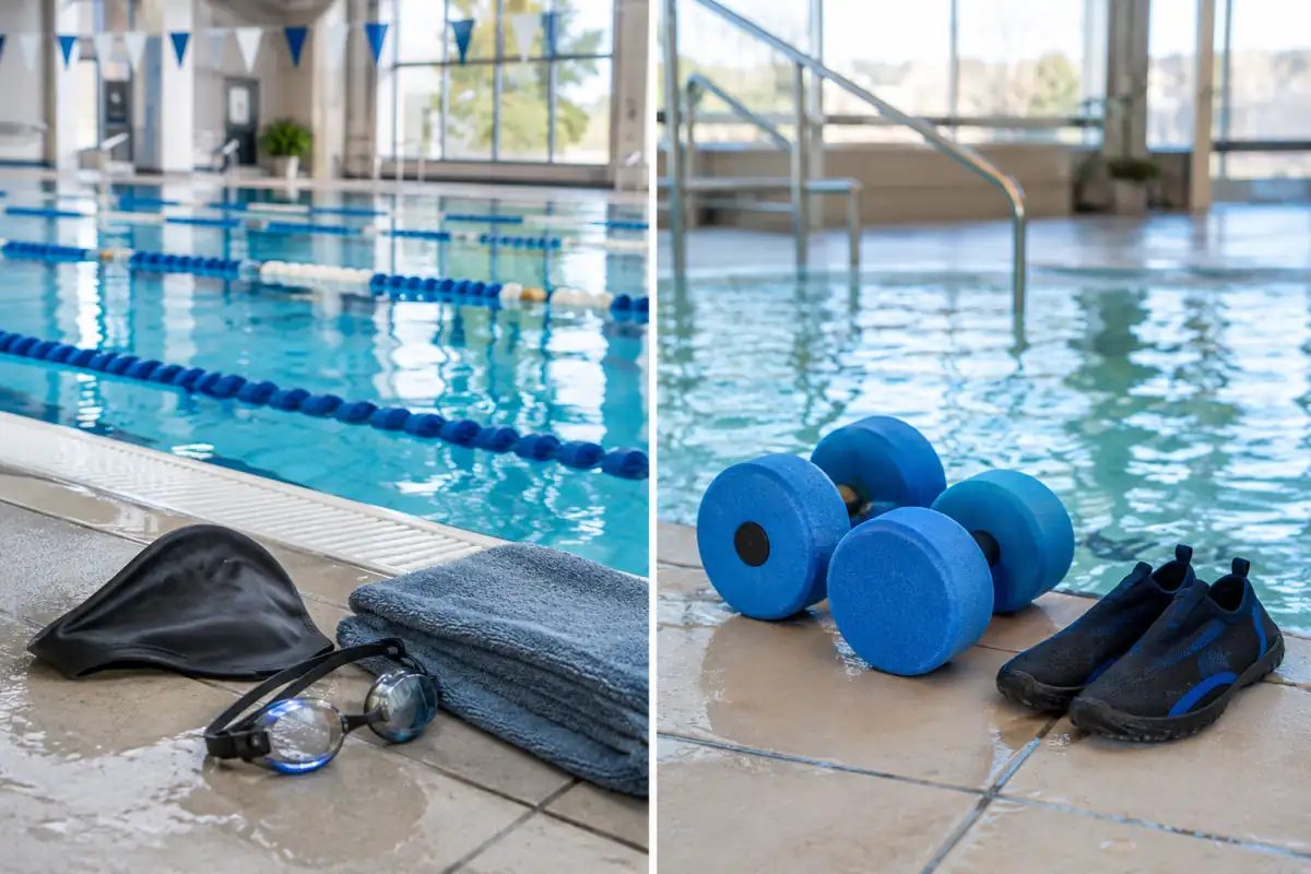 Lunettes et bonnet de natation près d’une piscine, avec haltères aquatiques et chaussures dédiées à l’aquagym.