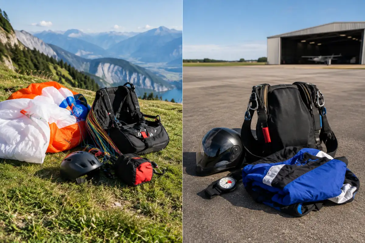 Aile et sellette de parapente près d’un site de décollage, à côté d’un équipement de parachutisme sur un aérodrome.