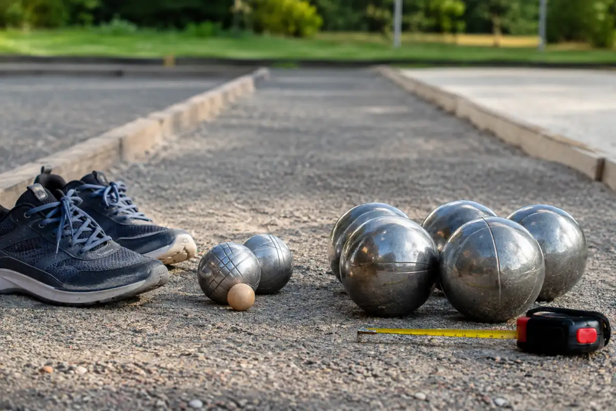 Boules de pétanque et boules lyonnaises posées côte à côte sur un terrain, avec un mètre et des chaussures de jeu.