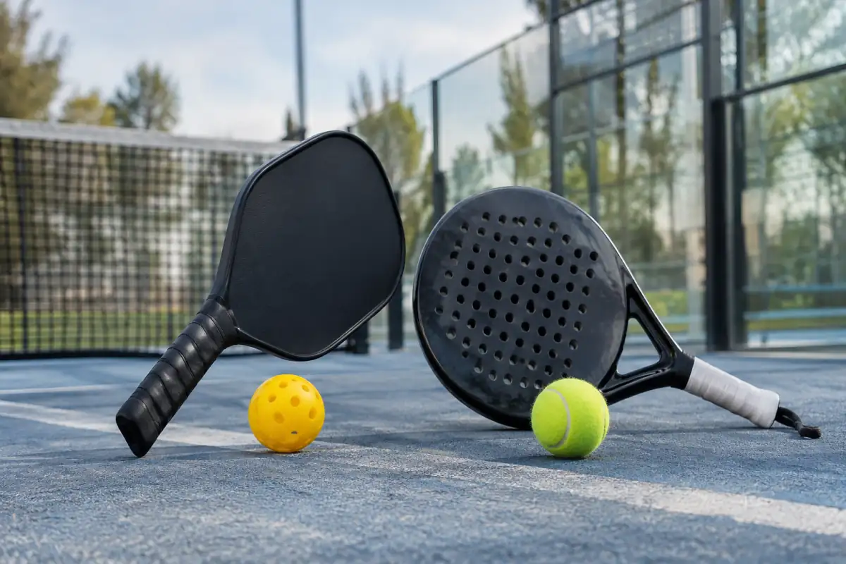 Palette et balle perforée de pickleball à côté d’une raquette de padel, devant un filet et une paroi vitrée.