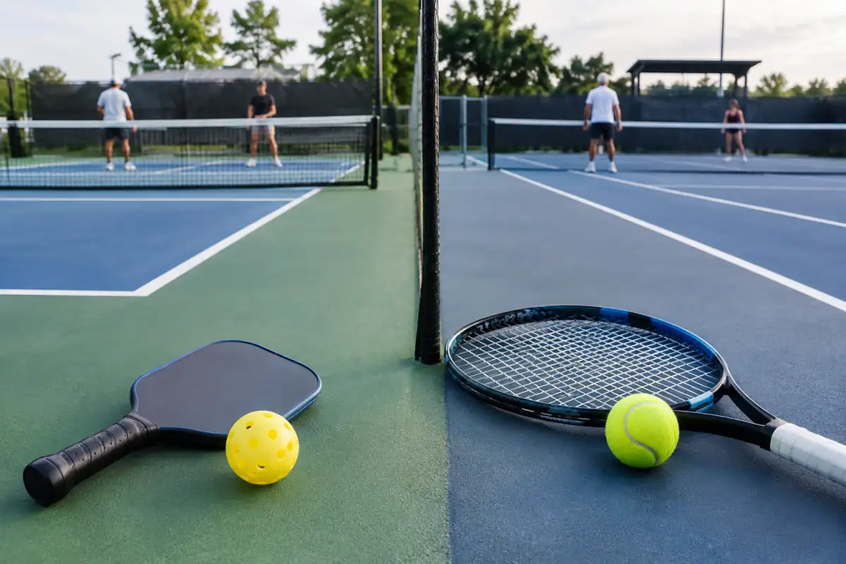 Palette et balle perforée de pickleball posées près d’une raquette et d’une balle de tennis sur deux courts côte à côte.
