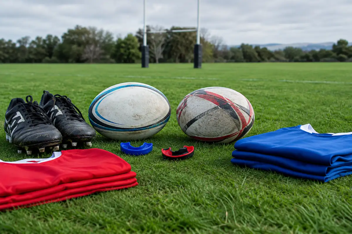 Équipements de rugby à XV et à XIII posés côte à côte au bord d’un terrain, avec ballons ovales et crampons.