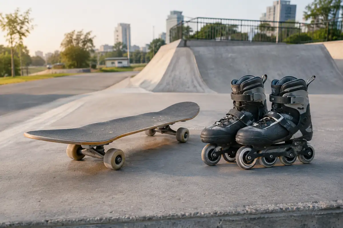 Une planche de skateboard et une paire de rollers côte à côte au bord d’un skatepark, près d’une rampe en béton.