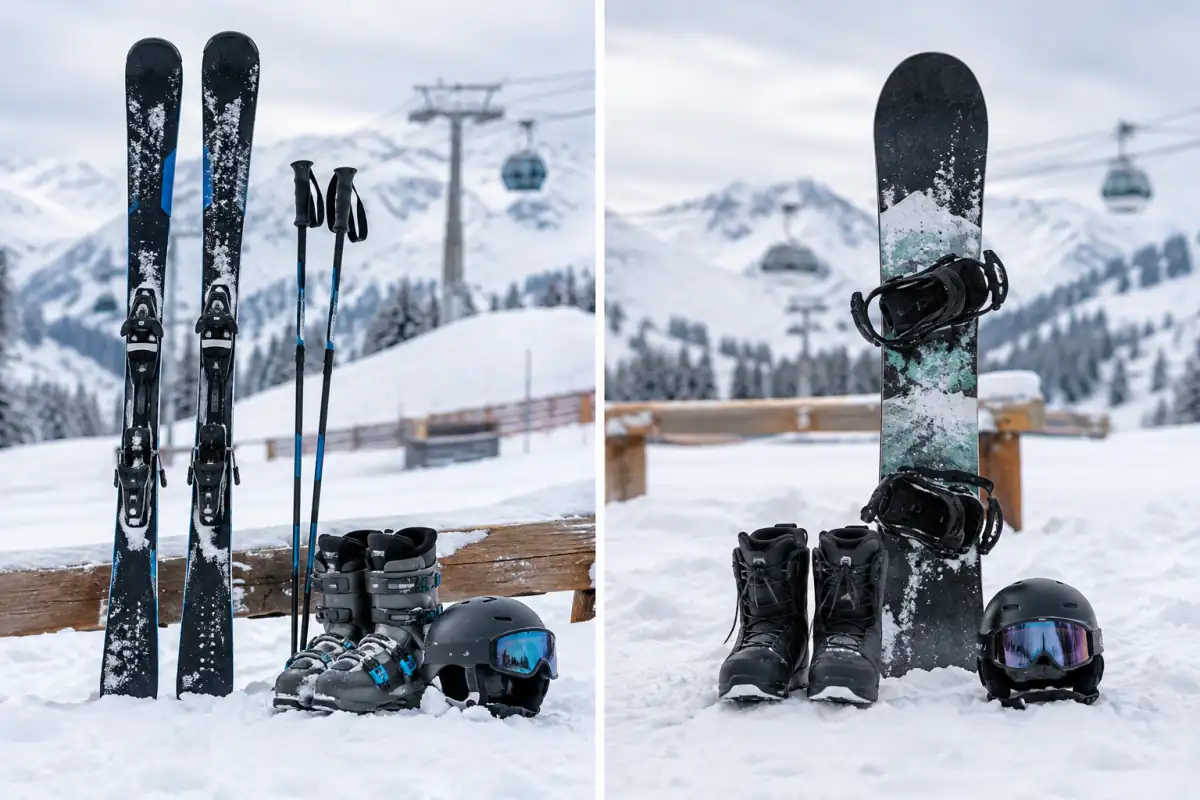 Skis et bâtons posés près d’une planche de snowboard, avec casques et masques sur fond de pistes enneigées.