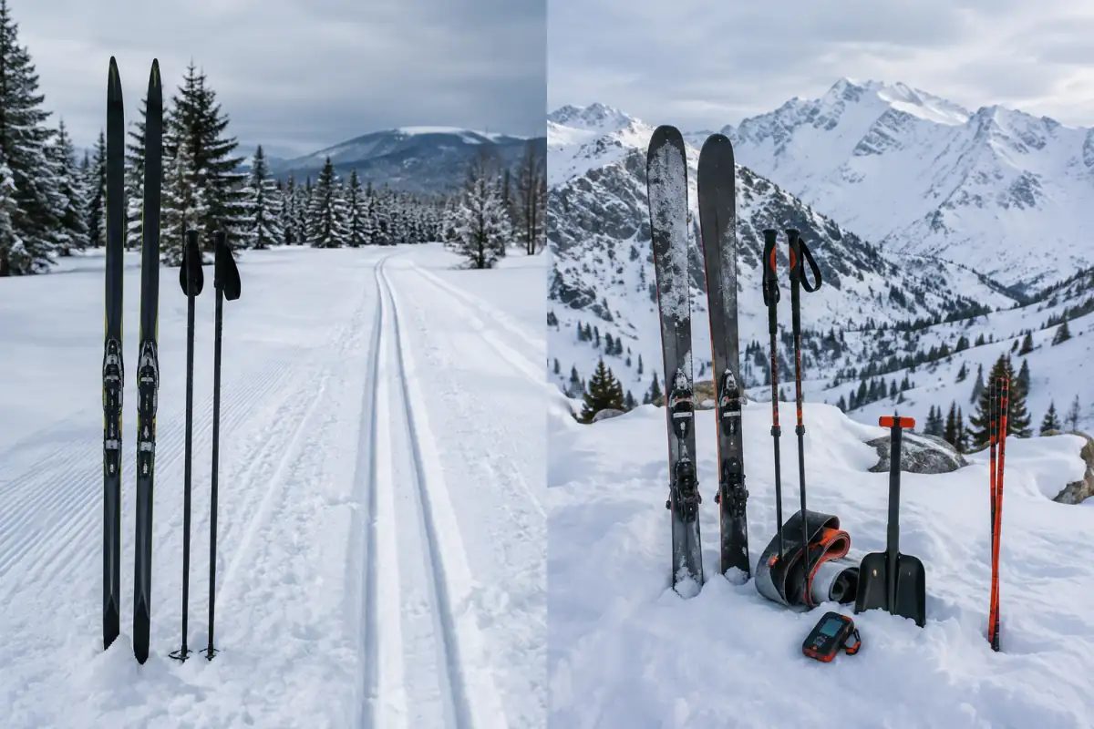 Skis de fond sur une piste damée et skis de randonnée avec peaux et matériel de sécurité en montagne enneigée.