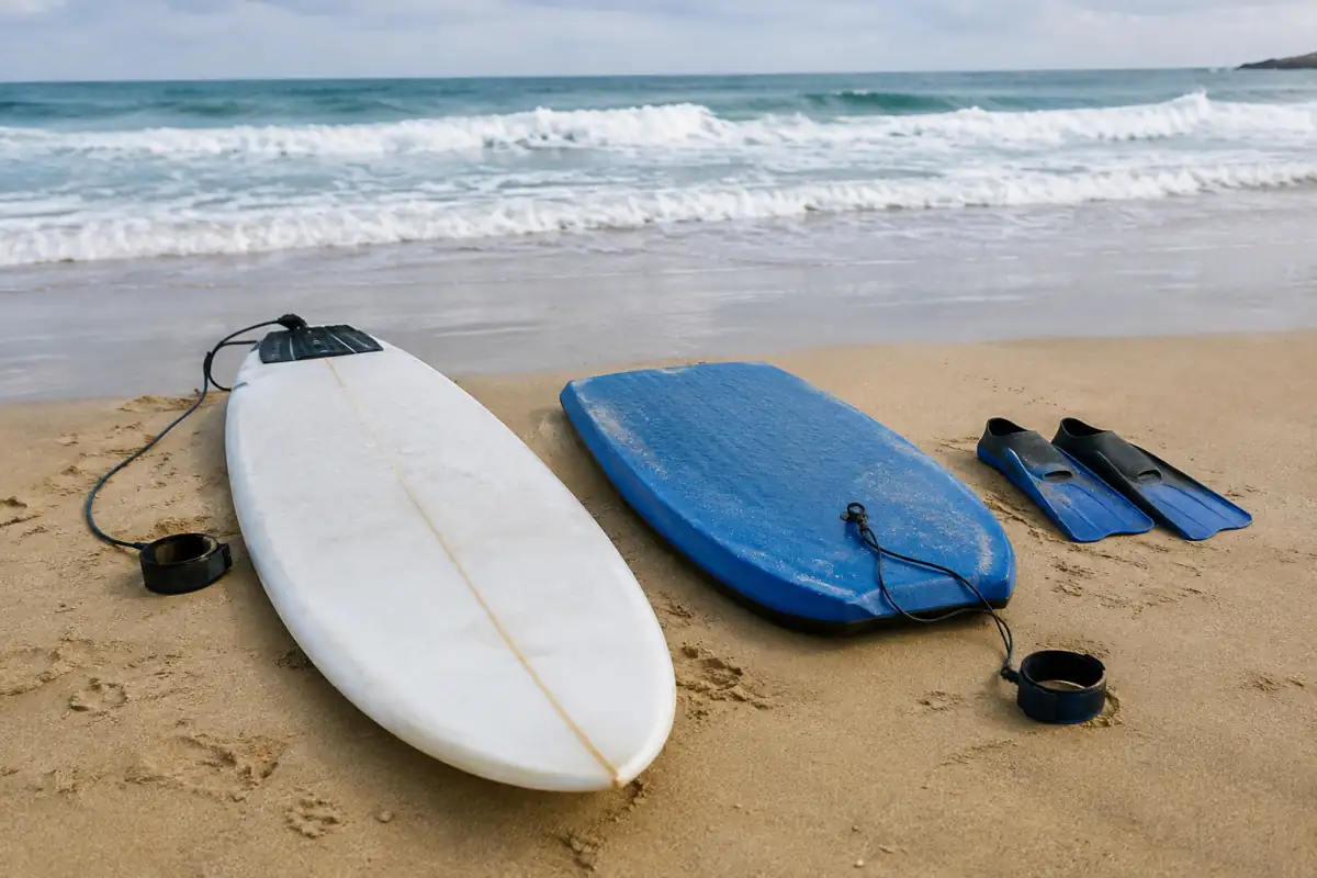 Planche de surf et bodyboard posés côte à côte sur le sable, avec les palmes nécessaires à la pratique du bodyboard.
