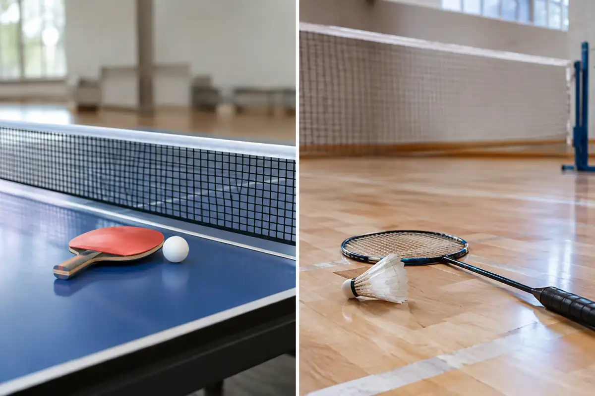 Raquette et balle de tennis de table près du filet, à côté d’une raquette et d’un volant de badminton en salle.