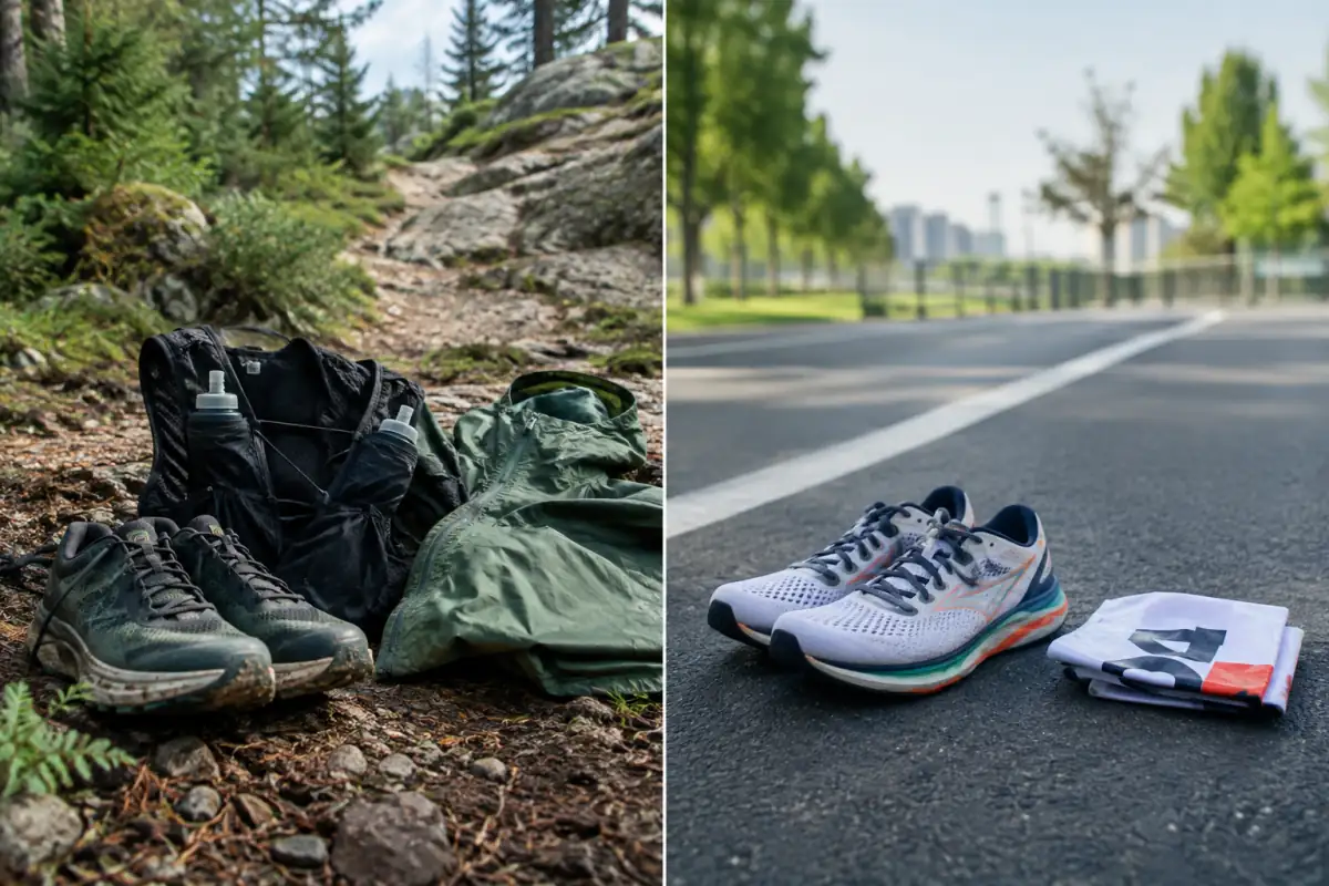 Chaussures de trail et gilet d’hydratation sur un sentier, face à des chaussures de course sur route et un dossard.
