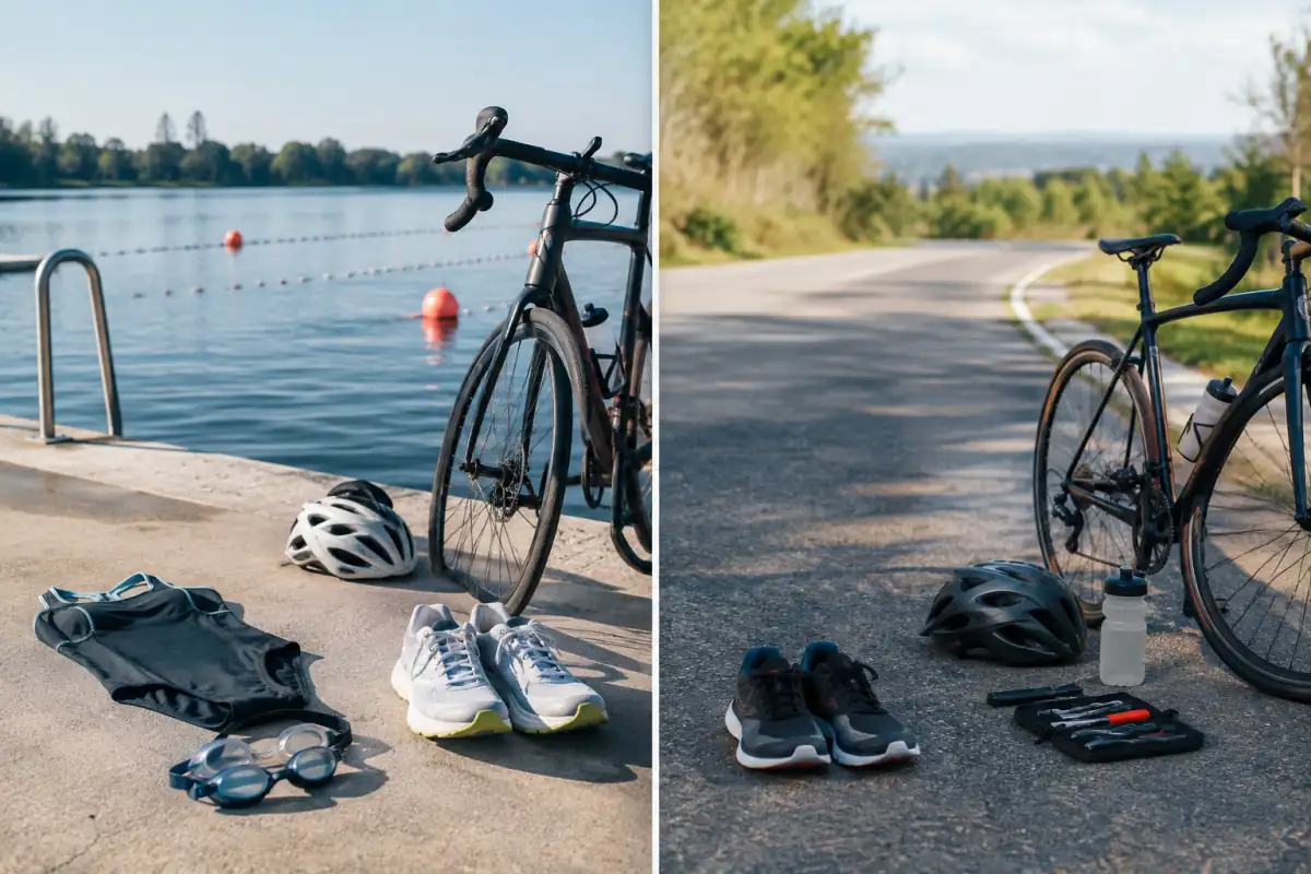 Équipements de triathlon et de duathlon côte à côte : lunettes de natation, vélo, casque, chaussures de course et bidon.