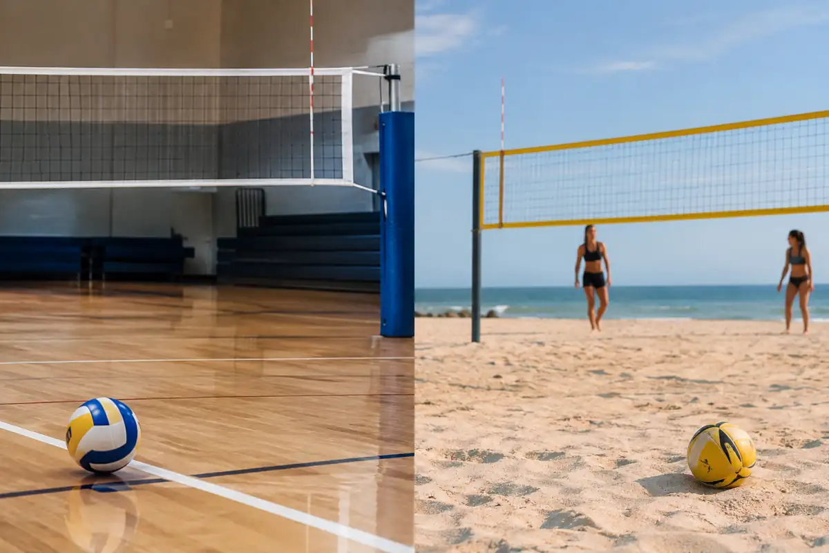 Comparatif visuel du volley-ball en salle et du beach-volley : ballon et filet sur parquet d’un côté, sable de l’autre.