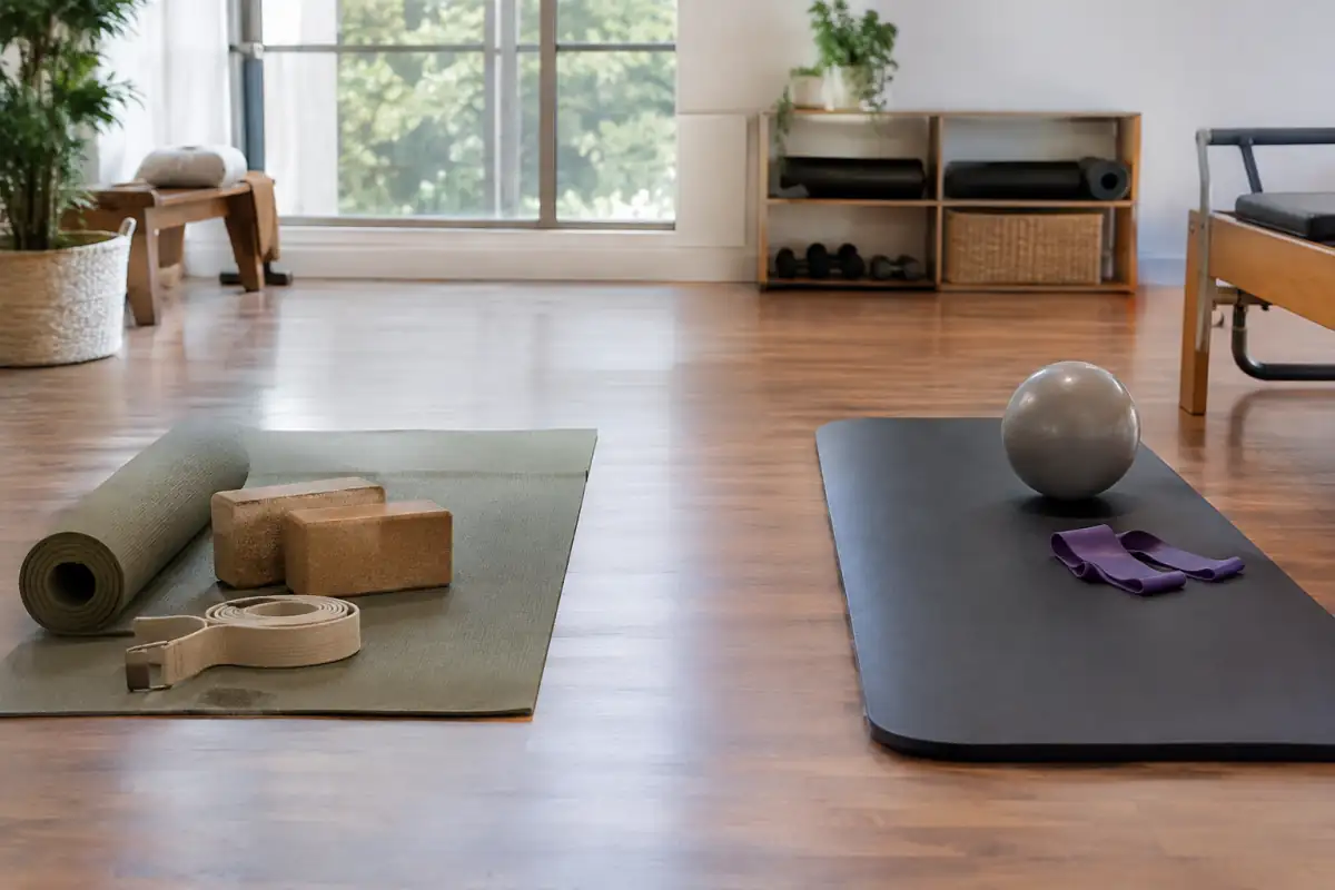 Tapis, briques et sangle de yoga à côté d’un tapis et d’accessoires de Pilates dans une salle lumineuse