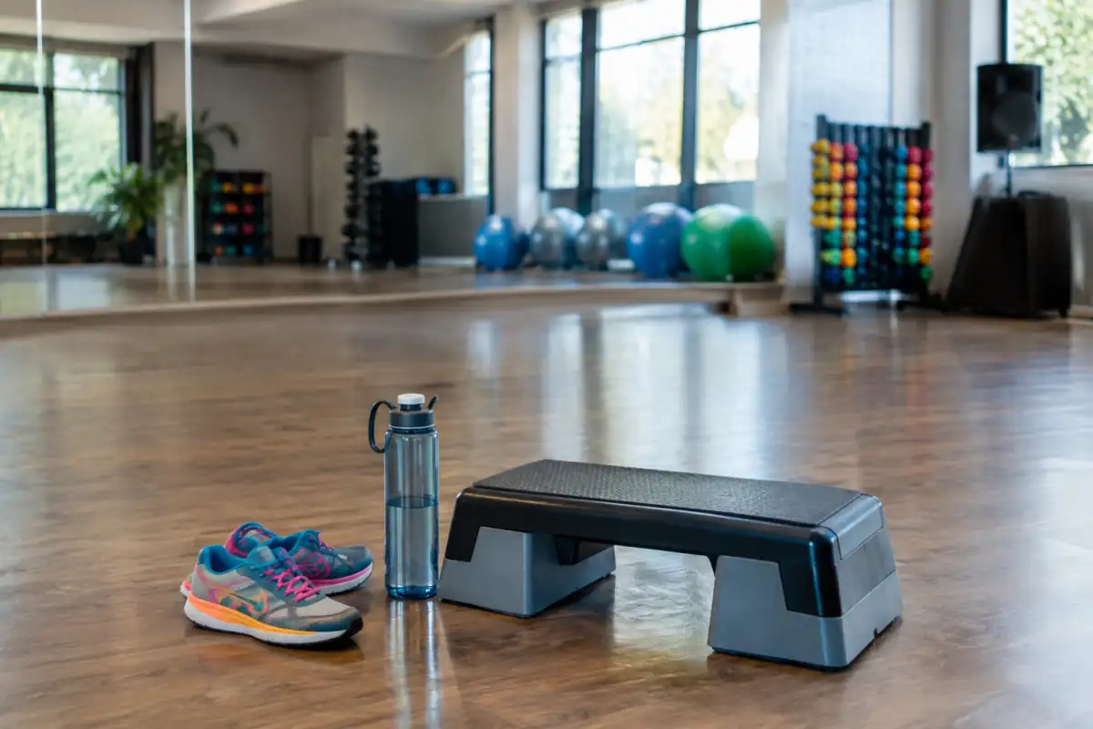 Chaussures de fitness, bouteille d’eau et plateforme de step réunies dans une salle évoquant la Zumba et le step fitness.
