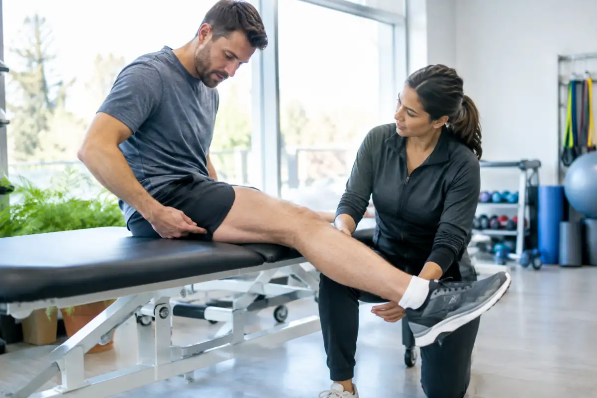 Un kinésithérapeute évalue la jambe d’un sportif après une douleur musculaire et prépare une reprise progressive de l’activité.