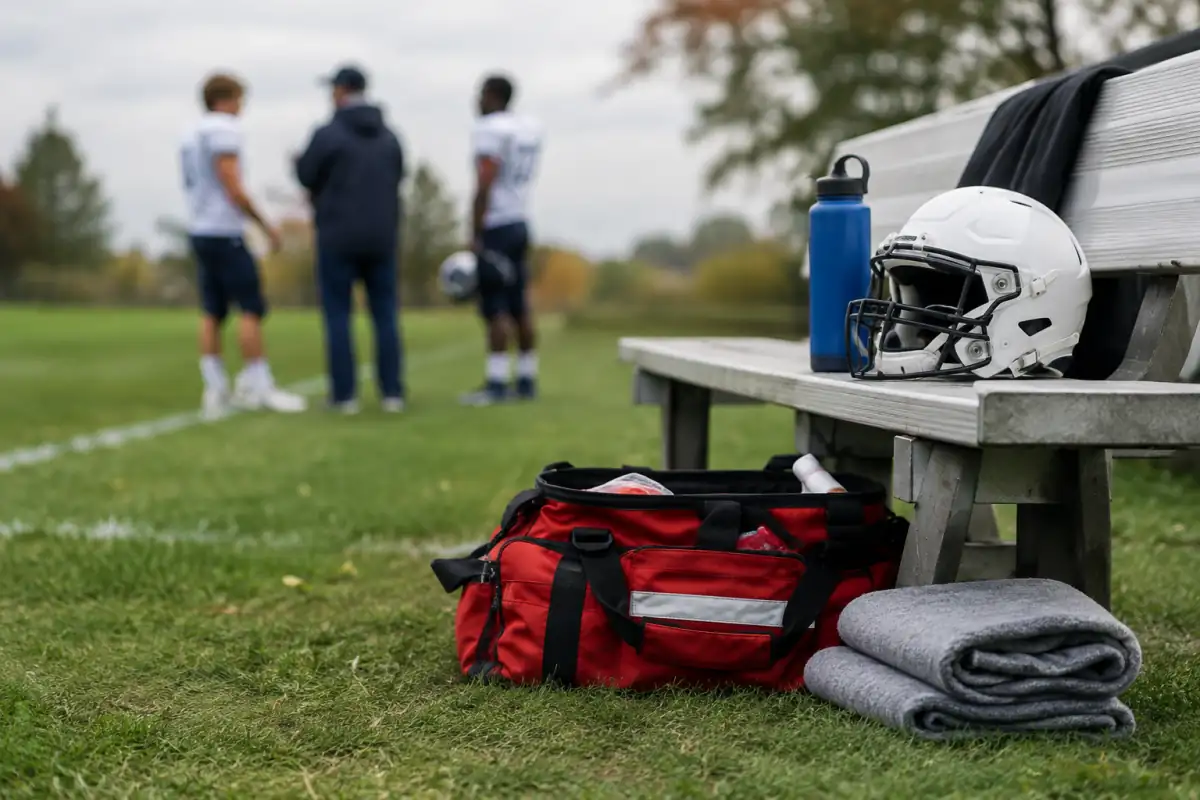 Trousse de premiers secours et casque posés près du banc d’un terrain, après l’arrêt d’un sportif pour suspicion de commotion.