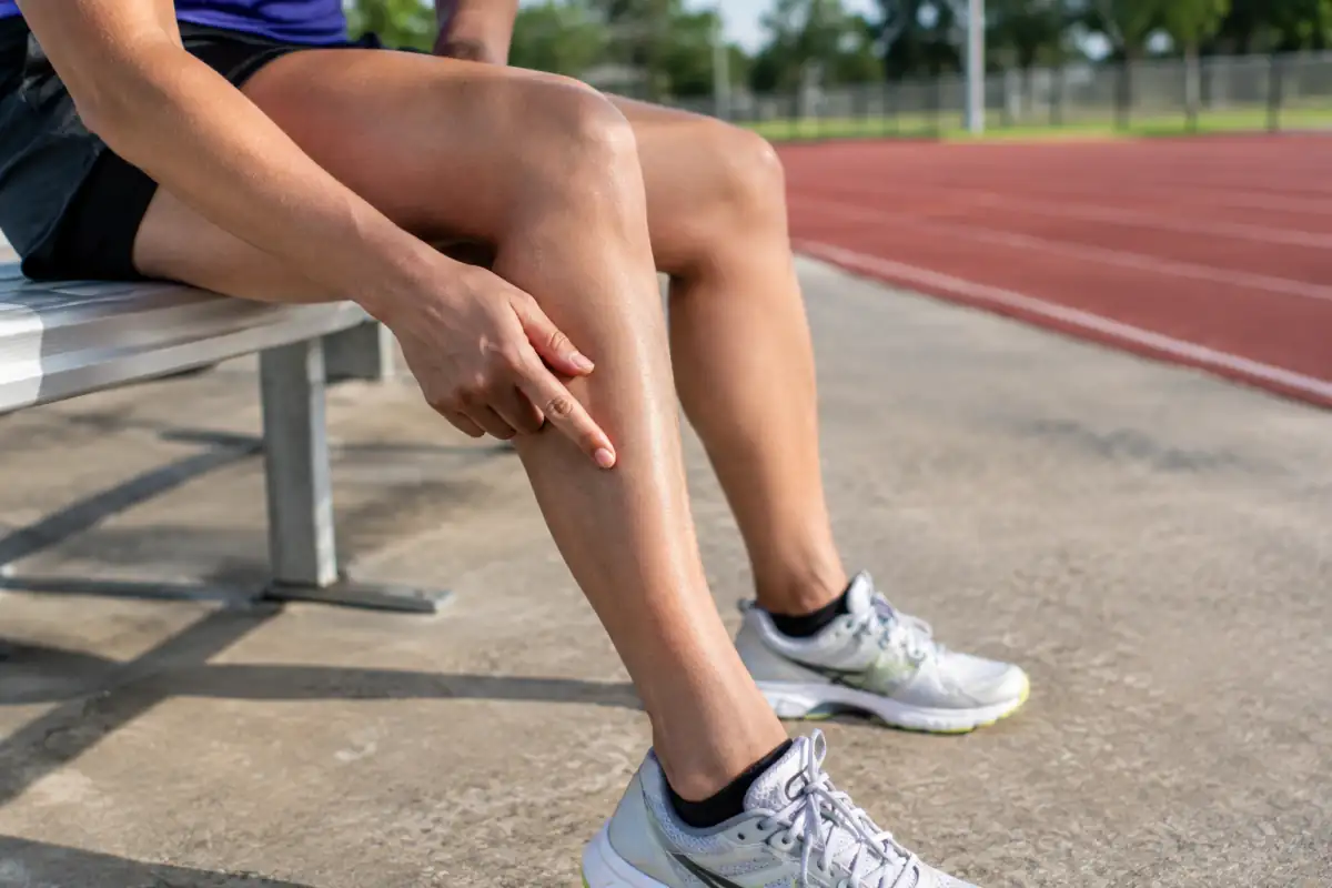 Coureuse assise après l’entraînement, montrant le bord interne de son tibia pour illustrer une douleur de périostite tibiale.