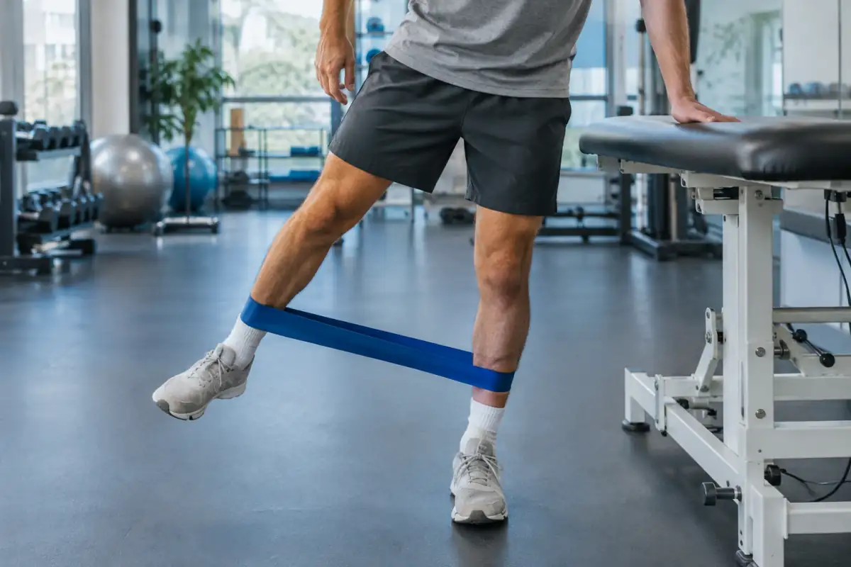 Sportif réalisant un exercice contrôlé de renforcement des adducteurs en rééducation après une douleur à l’aine.