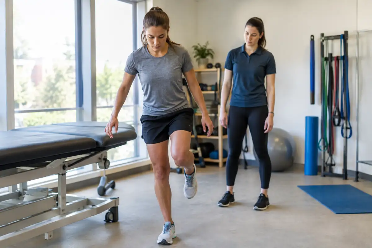 Sportif en reprise réalisant un exercice d’équilibre sur une jambe dans un espace de rééducation encadré.