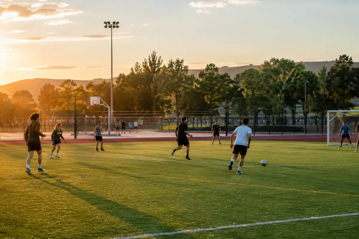 Terrain de football au premier plan, avec un terrain de basket et une piste d’athlétisme illustrant la diversité des sports populaires.