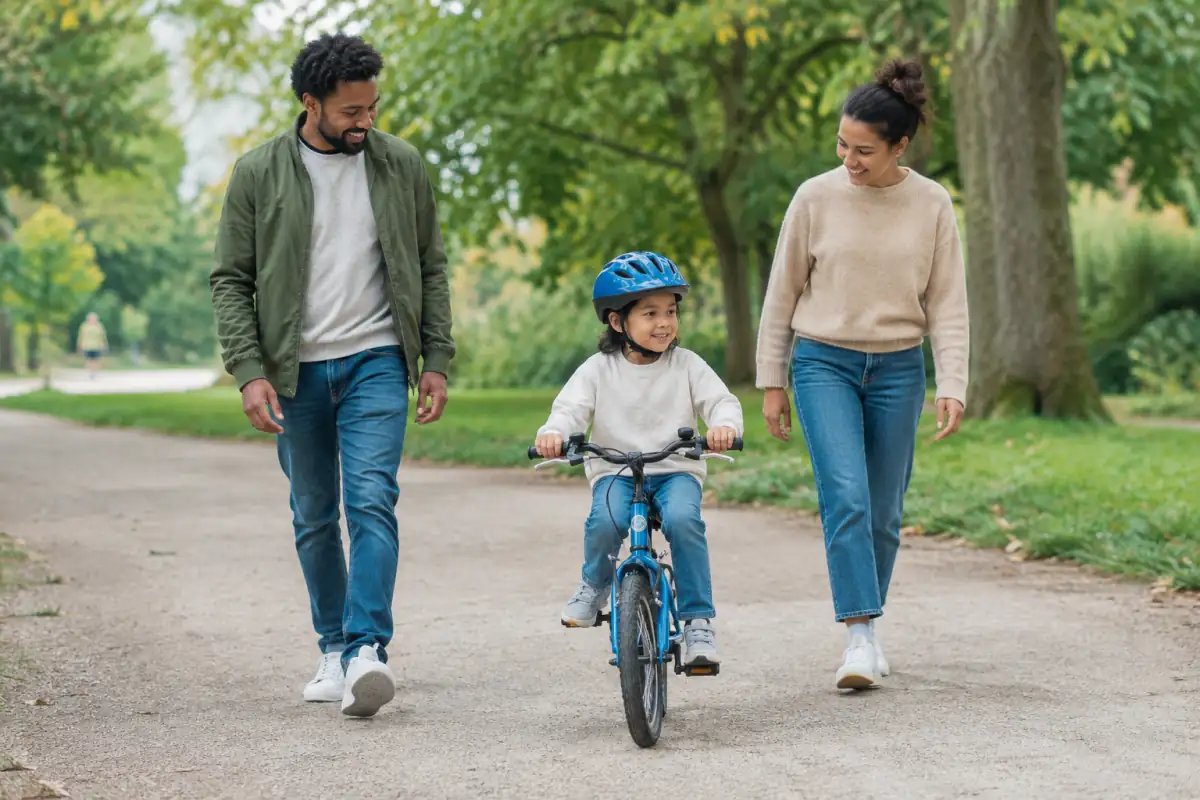 Un enfant à vélo sur un chemin de parc, accompagné par sa famille lors d’une activité physique adaptée à son âge.