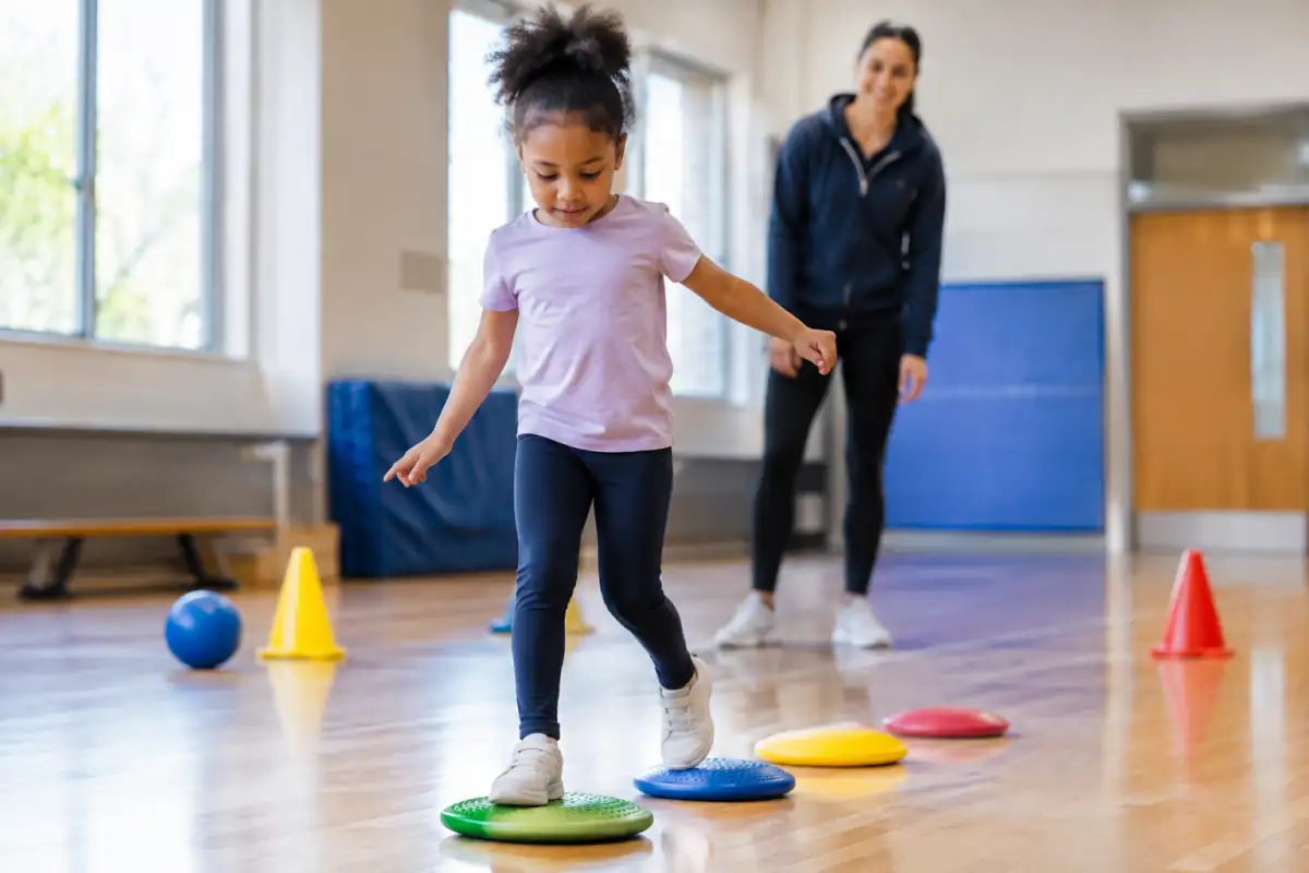 Enfant réalisant des exercices de motricité dans un gymnase lumineux, avec un encadrement discret et du matériel adapté à son âge.