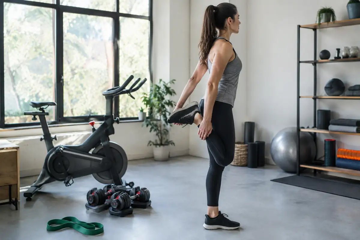 Vélo d’intérieur et haltères dans une salle lumineuse, pour illustrer l’association du cardio et du renforcement musculaire.