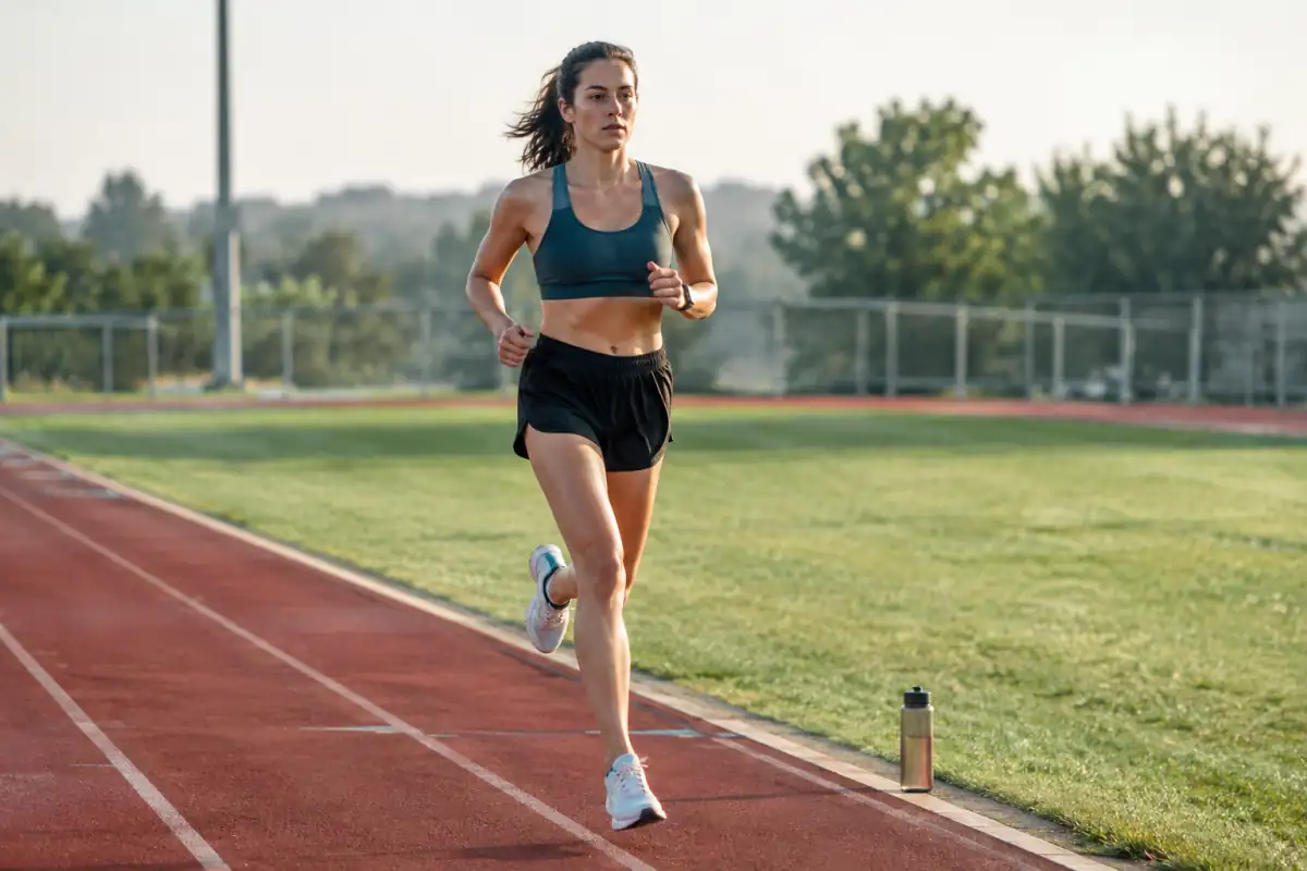 Coureur amateur réalisant une répétition de fractionné sur une piste, à allure soutenue et contrôlée.