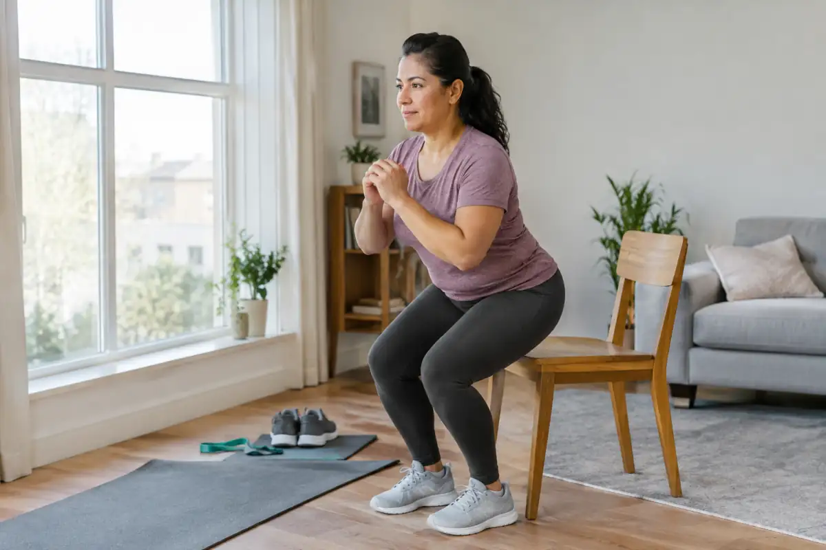 Débutant réalisant un exercice assis-debout près d’un tapis, d’une chaise stable et d’un élastique pour son programme sportif.