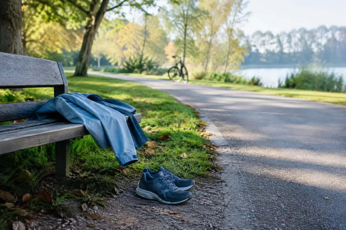 Chaussures de marche et veste de sport près d’un chemin de parc, pour illustrer une reprise progressive de l’activité physique.