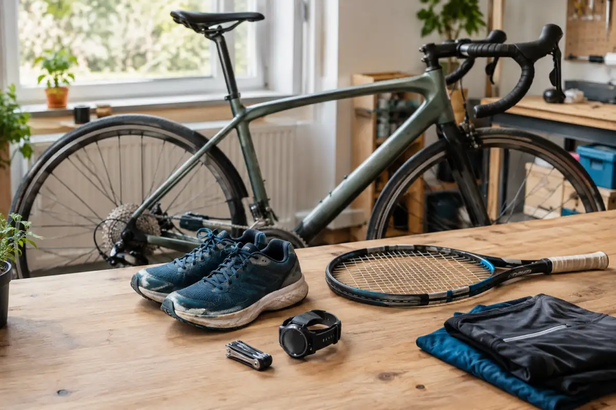 Vélo, chaussures de course, montre GPS et raquette de seconde main inspectés avant un achat de matériel sportif.