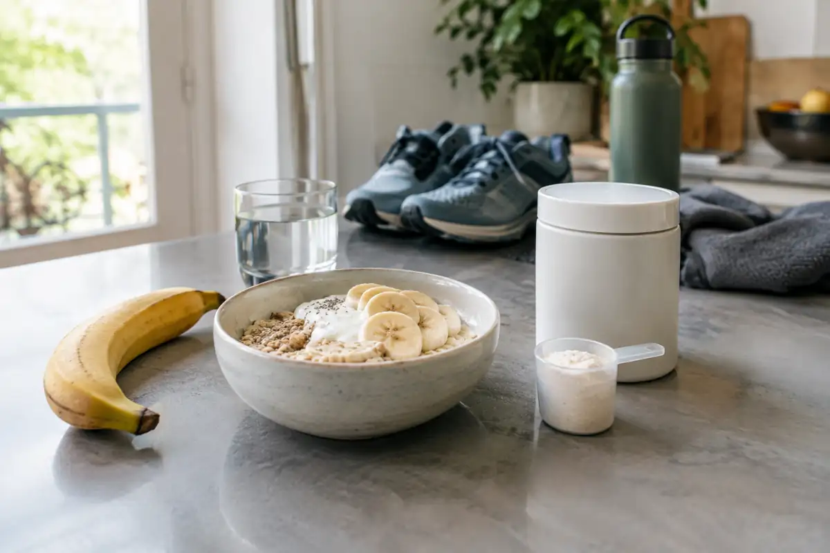 Repas et produits de nutrition sportive réunis sur un plan de travail : eau, banane, flocons d’avoine, yaourt et poudre protéinée.