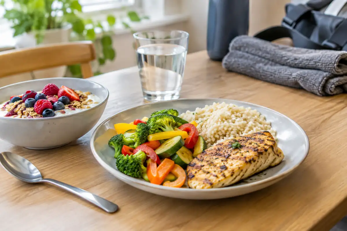 Repas équilibré après l’entraînement avec une source de protéines, des féculents, des légumes, un laitage et de l’eau.