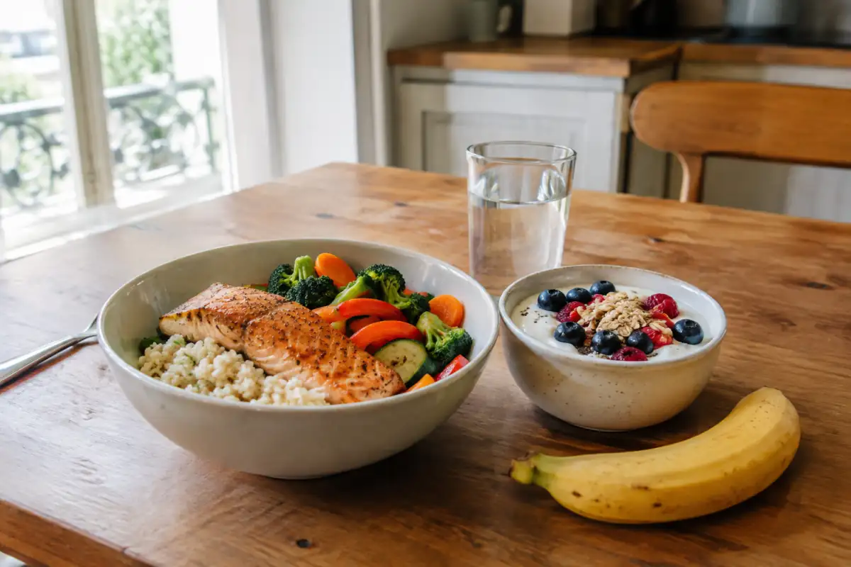 Repas de récupération après le sport avec riz, source de protéines, légumes, yaourt, fruit et verre d’eau.