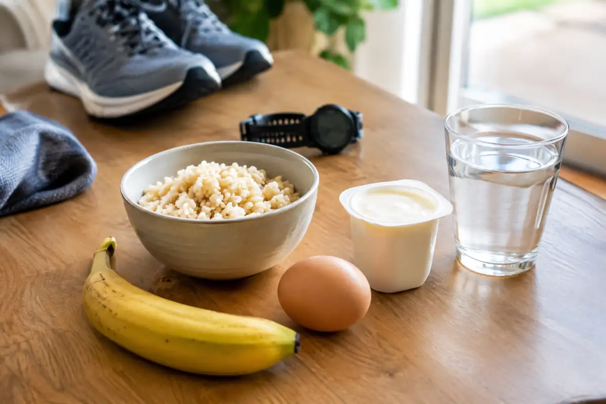 Repas simple avant le sport avec riz, œuf, banane, yaourt et eau, accompagné de chaussures de course.