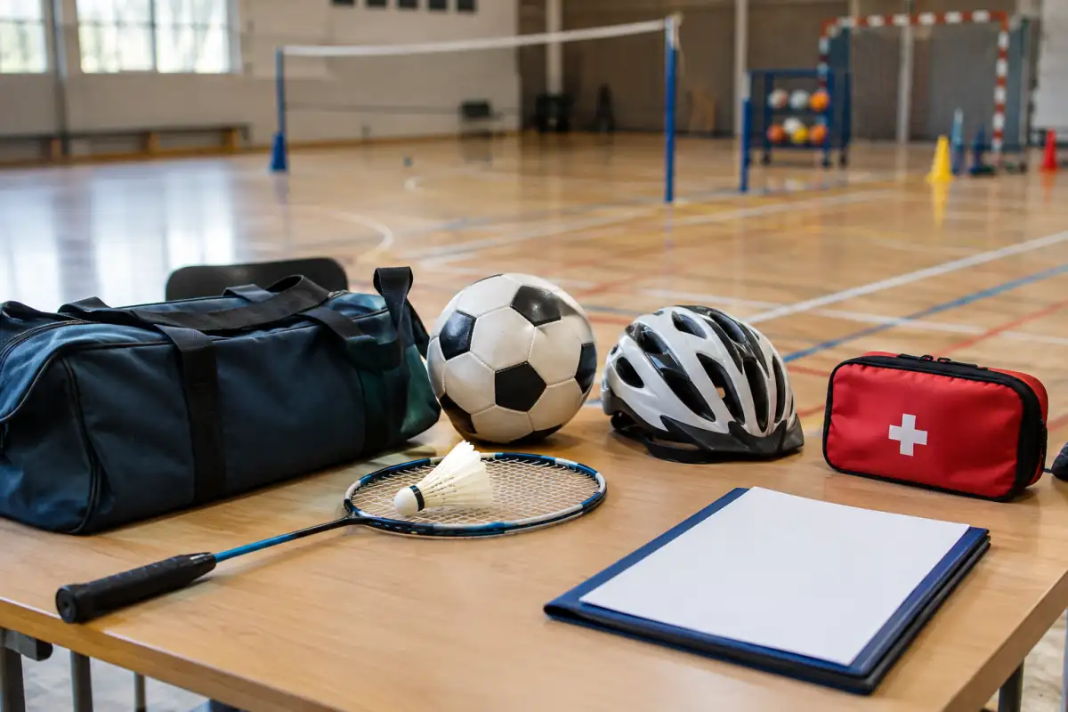 Équipement de sport et trousse de secours dans un gymnase, évoquant les garanties d’assurance à vérifier avant une inscription.