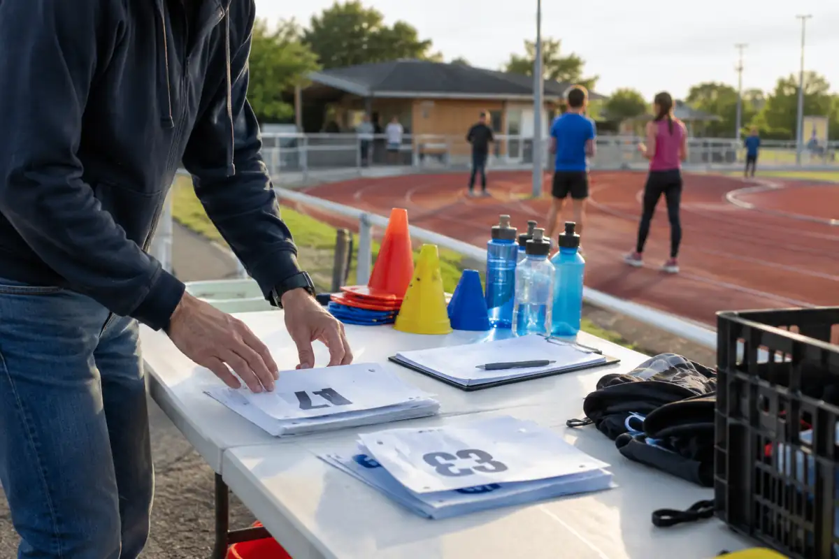 Matériel préparé par un bénévole pour une compétition d’athlétisme dans un club sportif local.