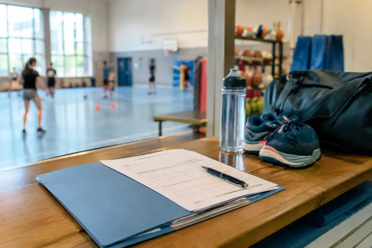 Dossier d’inscription sportive, chaussures et sac posés à l’accueil d’un club avant une séance de sport.