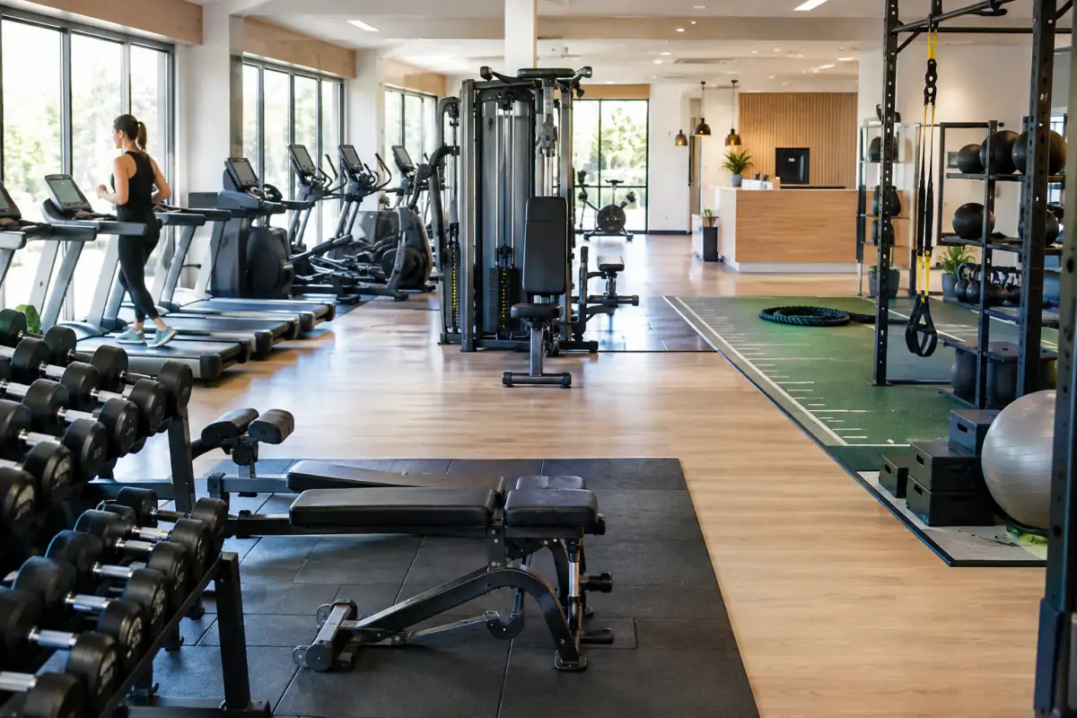 Vue d’une salle de sport bien entretenue avec appareils de cardio, haltères et espace de musculation à comparer avant l’inscription.