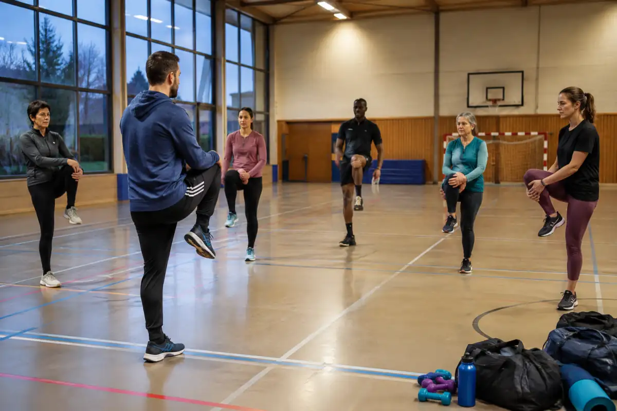 Séance d’essai dans un club de sport avec un encadrant montrant un échauffement à un groupe de débutants dans un gymnase.