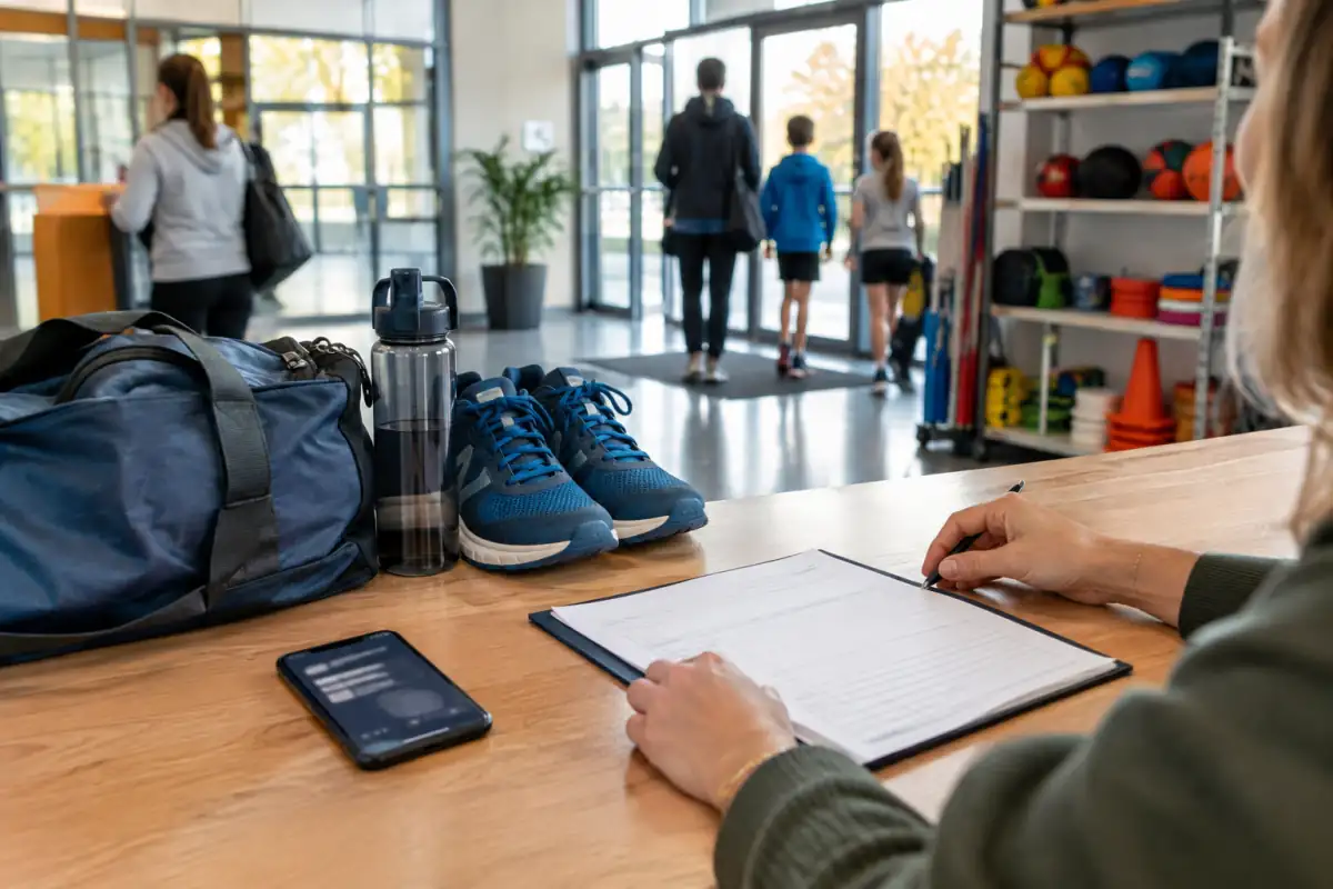 Inscription dans un club sportif : formulaire, sac d’équipement et téléphone évoquent les démarches pour utiliser le Pass’Sport.