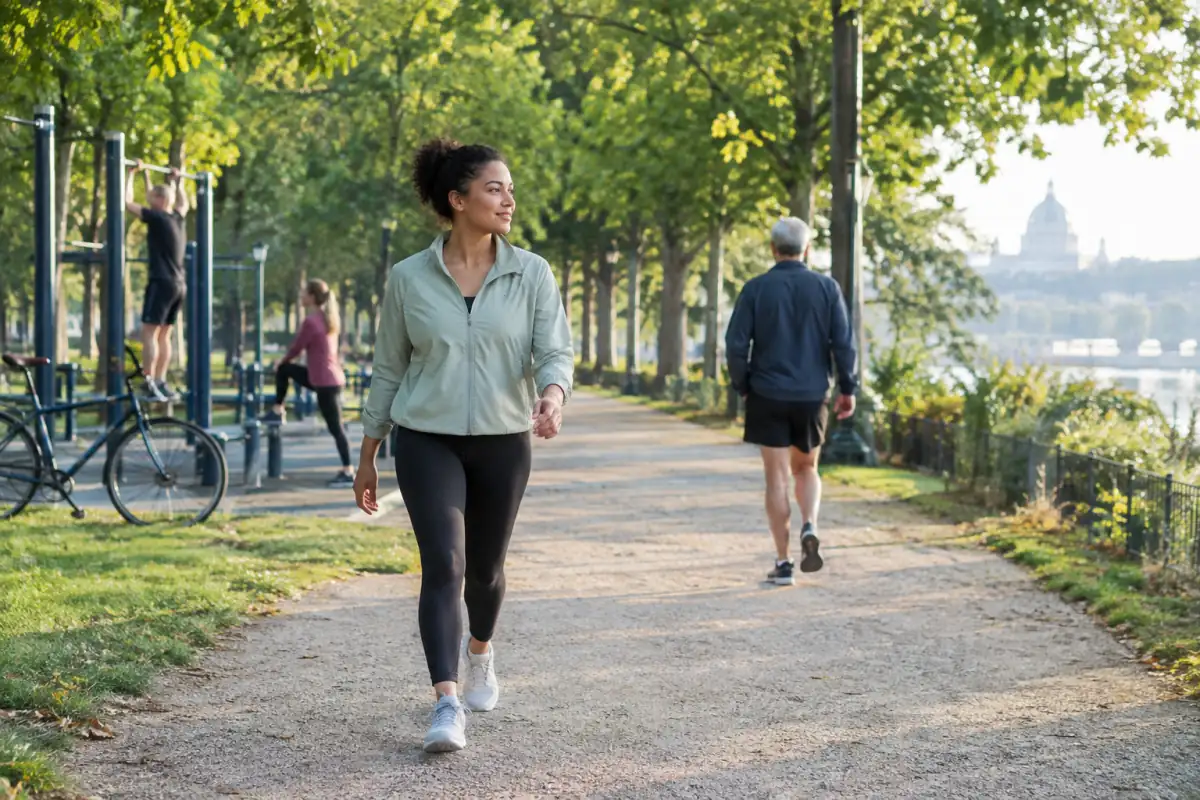 Marche rapide dans un parc, une activité accessible qui contribue à la santé physique et au bien-être mental.